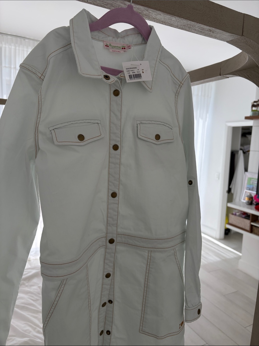 Bonpoint Paris light blue/ecru denim utility shirt dress (or jacket dress) - Kid